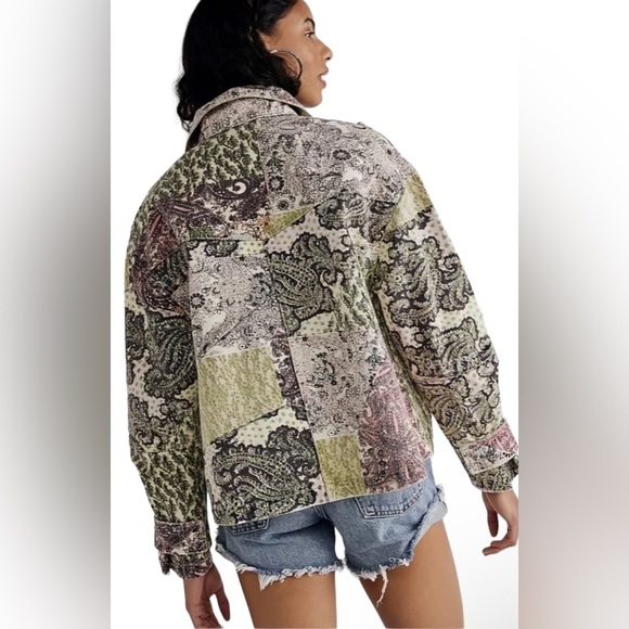 Free People Nadia Moto Jacket Pierced Mix Print Paisley Sage Pink Black - Picture 5 of 12